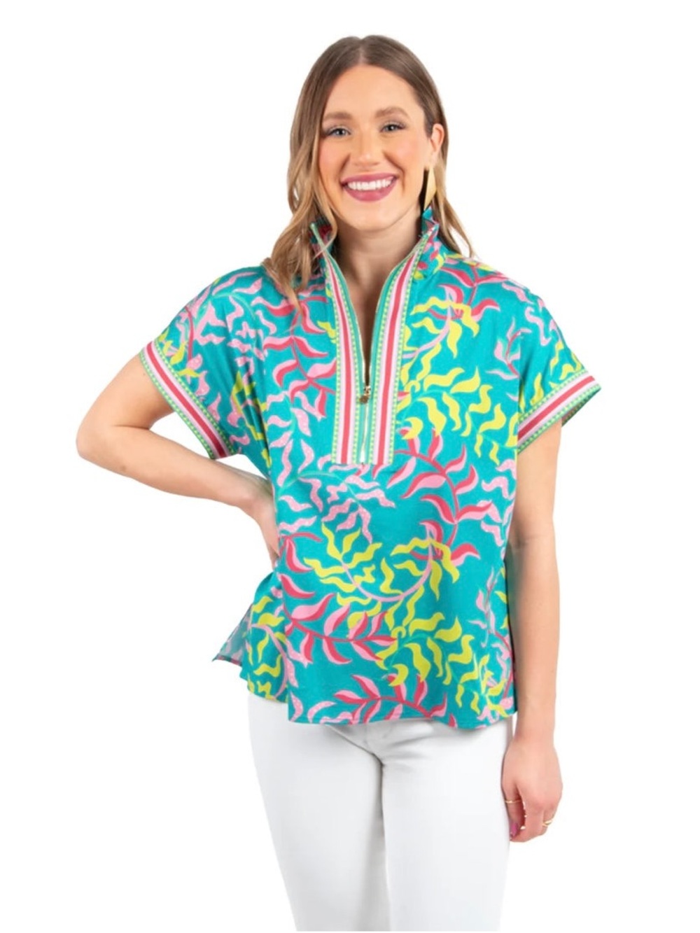 Teal Floral-Print Split V-Neck Tunic Top